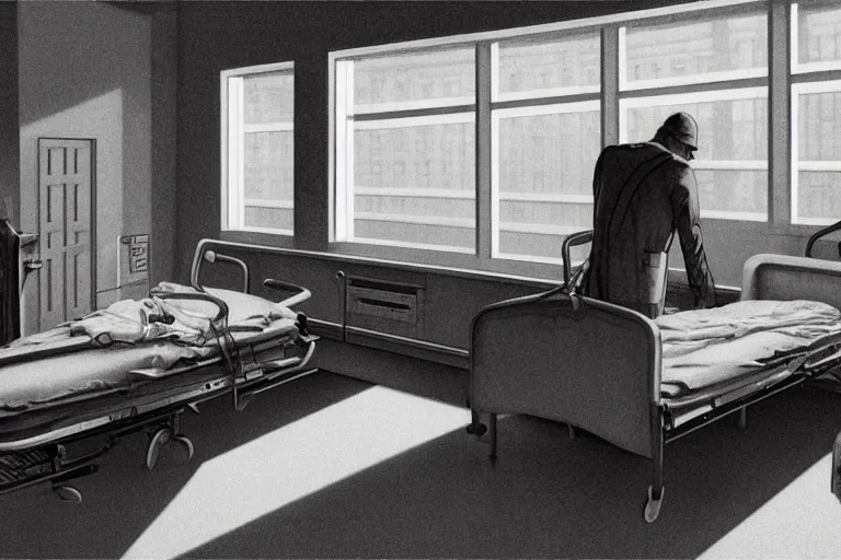 Image similar to detailed ultra - realistic graphic novel illustration of a dystopian hospital scene by edward hopper and gregory crewdson, cinematic, muted colors, cinematic fog, full shot, george adult, carel willink, mc escher, norman rockwell