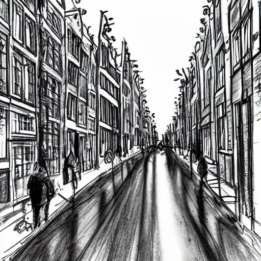 Prompt: a sketch drawing, walk along the red light district, amsterdam by gabo mendoza, trending on artstation