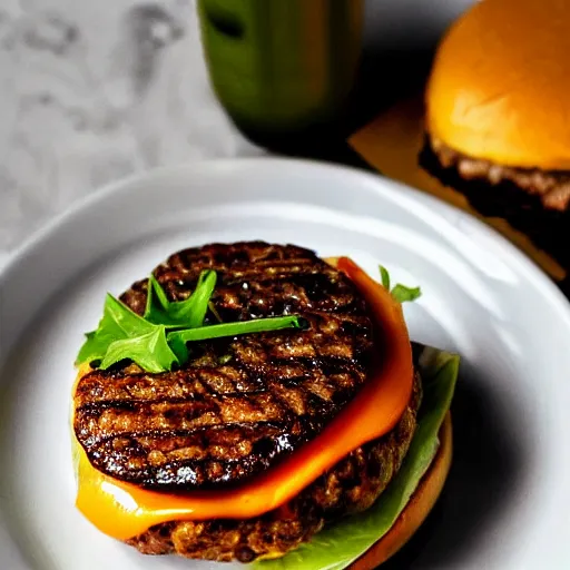 Prompt: hiqh quality photo of a cheeseburger without tomatoes on a white plate