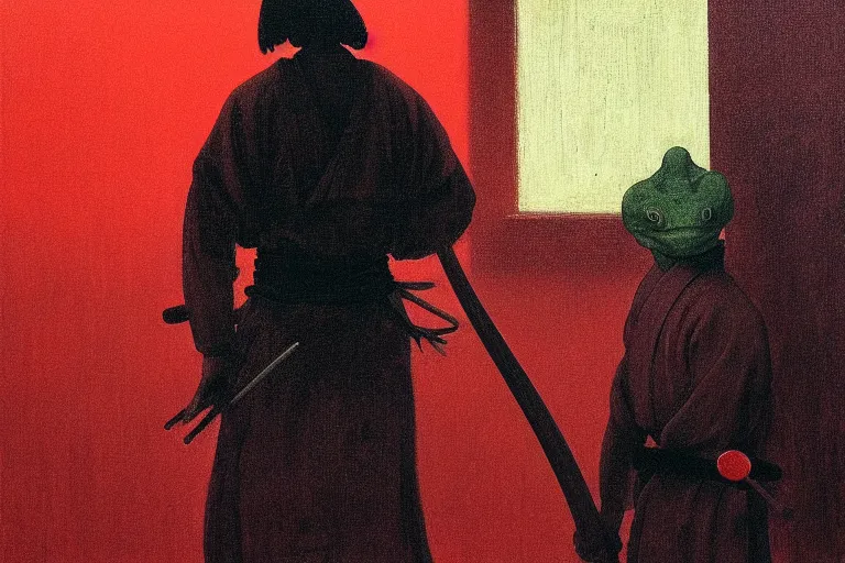 Image similar to only with red, a red samurai harakiri, tokio, a lot of frogs watch, in the style of beksinski, parts by edward hopper, parts by rodcenko, parts by yue minjun, intricate and epic composition, red by caravaggio, insanely quality, highly detailed, masterpiece, red light, artstation, 4 k