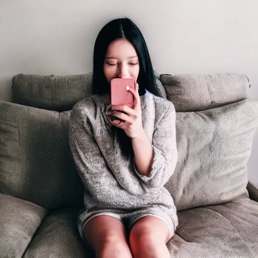 Image similar to selfie photograph of a cute young woman, red blush, wearing casual clothes, small smile, relaxing on a couch, cozy living room, medium shot, 8 k, trending on instagram, trending on pinterest, portra 4 0 0