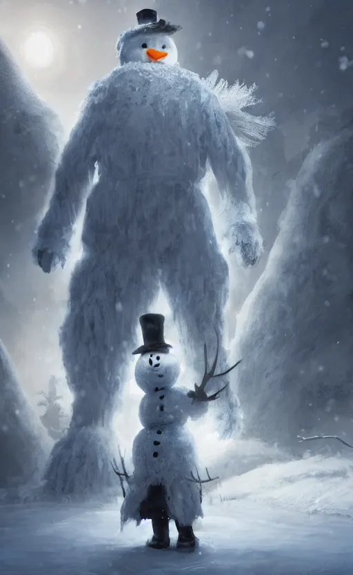 Image similar to a a full body portrait of giant jack frost the snowman in the middle of a village in the snow, dynamic lighting, photorealistic fantasy concept art, trending on art station, stunning visuals, creative, cinematic, ultra detailed