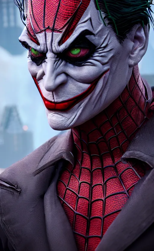 Image similar to spider man as the joker from batman dreamlike with jewelry, character art, hyperdetailed, 8 k realistic, frostbite 3 engine, cryengine, dof, trending on artstation, digital art