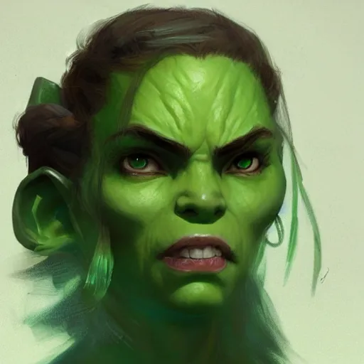 Image similar to character portrait of a green orc female, light green tone beautiful face by greg rutkowski, trending on artstation