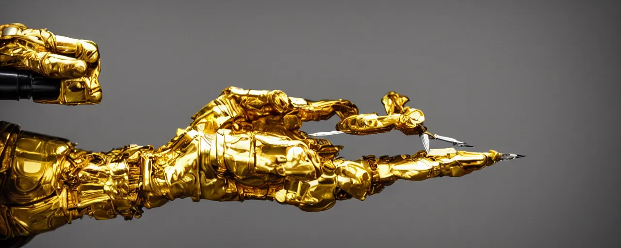 Prompt: a closeup of a gold robot hand holding a fountain pen, hyper realistic