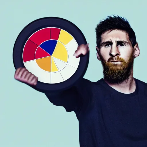 Prompt: photo of angry messi about to punch a colorful pie chart