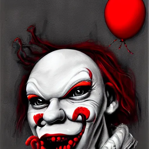 Image similar to surrealism grunge cartoon portrait sketch of a raven with a wide smile and a red balloon by - michael karcz, loony toons style, pennywise style, horror theme, detailed, elegant, intricate