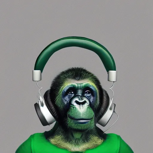 Image similar to a high quality photo of a green chimp wearing headphones, realism, 8k