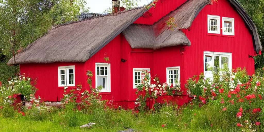 Prompt: a swedish red cottage in the style of ilya repin