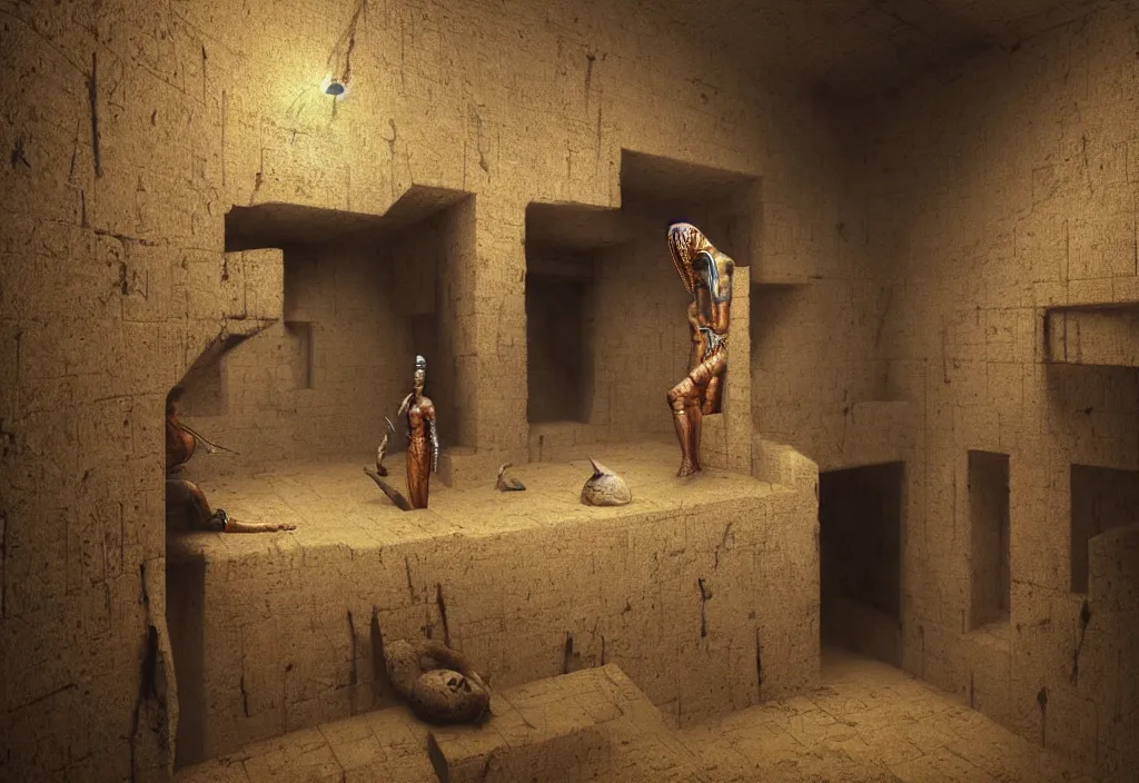 Prompt: gaming pharoah in a tomb, looking in camera, wide shot, by beksinski, giger, greg rutkowski, ultra realistic