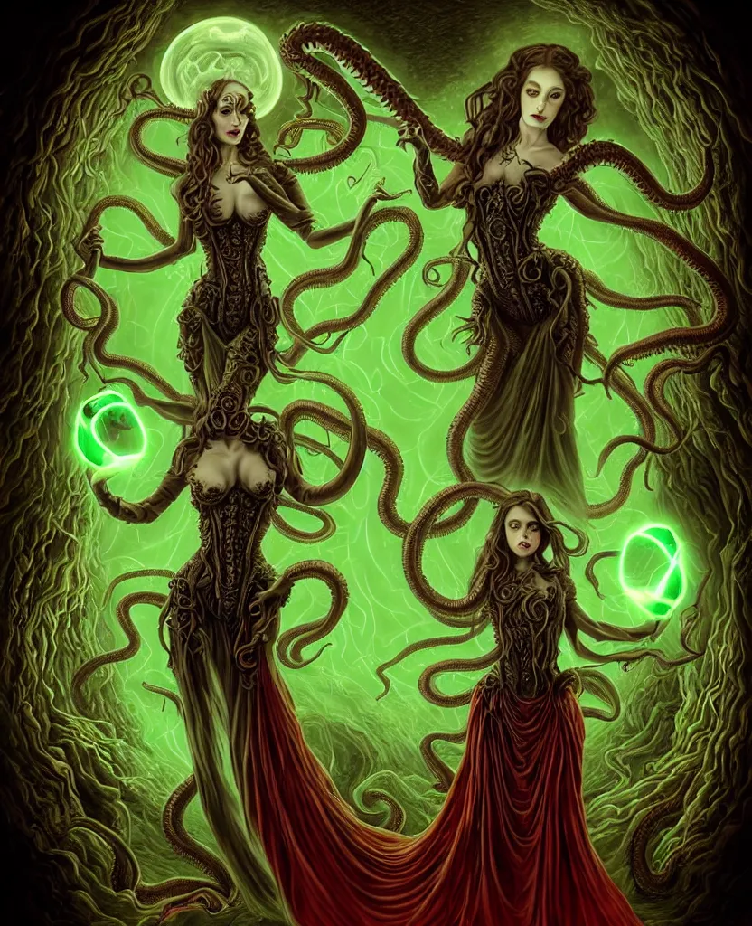Prompt: lifelike portrait of an enchanting feminine cthulhu goddess with timeless beauty, breathtaking glowing eyes & huge dragon wings that have a bioluminescent glow, she is wearing victorian gothic apparel a glowing green plasma sword in her hand, red moon rising in behind her with many tentacles protruding from the shadow to frame the image, 8k, biblical mana art, unbeatable coherency, highly intricate digital art, incomprehensible and perspicious detail, unbeatable quality, silent hill aesthetic, lifelike, 8k, unbeatable coherency, HP Lovecraft, by Reivash & AyyaSAP on deviantart