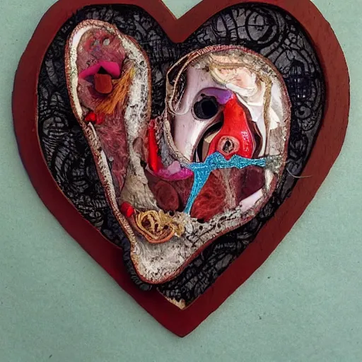 Image similar to human heart, anatomically correct, photocollage, pyrography, puppet, bejeweled, mixed media, frottage, happy accidents, in a symbolic and meaningful style