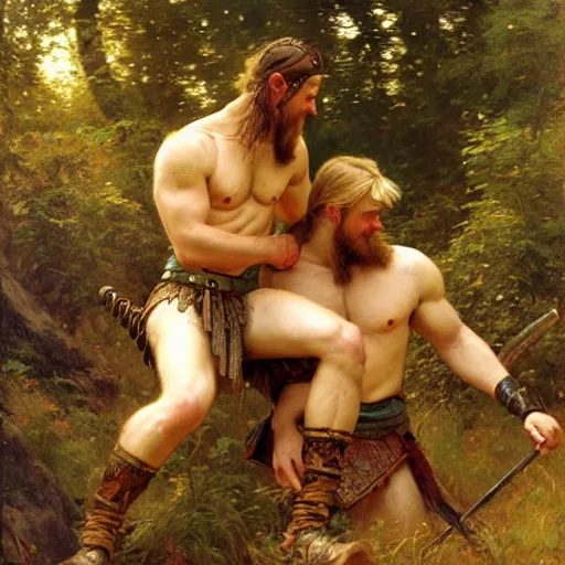 Image similar to 2 attractive male vikings frolicking in the forest. highly detailed painting by gaston bussiere, craig mullins, j. c. leyendecker, 8 k