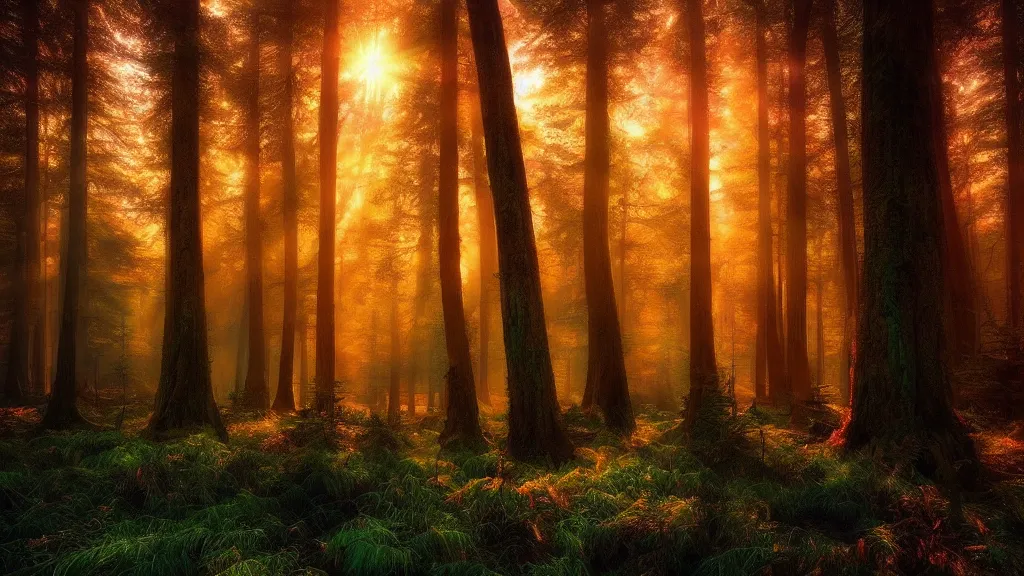 Image similar to amazing landscape photo of a forest in sunset by marc adamus, beautiful dramatic lighting