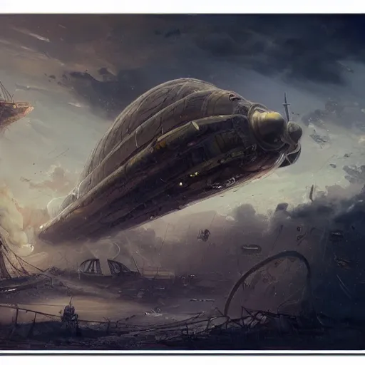 Prompt: a brutalist painting of a large steampunk airship on the ground destroyed, by charlie bowater, 4 k