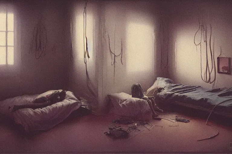 Image similar to IKEA catalogue photo, cyberpunk teenager bedroom, by Beksiński