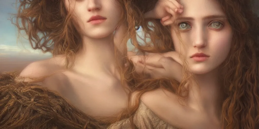 Prompt: An incredible detailed portrait of a young woman on the beach at sunset, in the style of pre-Raphaelite, by Tom Bagshaw, trending on Artstation, 8k, masterpiece, fine detail, full of color, intricate detail