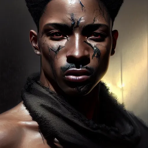 Image similar to portrait painting of a beautiful black man with blade scars and cropped hair wearing a tattered fancy black coat, ultra realistic, concept art, intricate details, eerie, highly detailed, photorealistic, octane render, 8 k, unreal engine. art by artgerm and greg rutkowski and charlie bowater and magali villeneuve and alphonse mucha