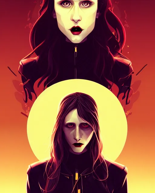 Image similar to in the style of Joshua Middleton and artgerm, beautiful evil vampire Taissa Farmiga sharp bloody vampire fangs open mouth, yellow eyes, symmetrical eyes, realistic face, symmetrical face, brown leather jacket, jeans, long black hair, full body, moody lighting