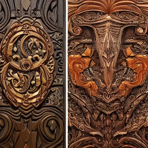 Prompt: intricate colorfully painted carved wood paneling, dark souls, ivory and copper, artstation