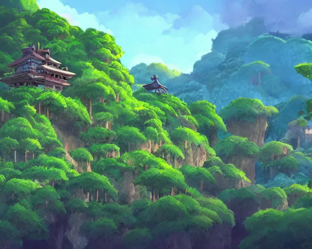 Image similar to mountain overseeing fantasy village next to a forest, studio ghibli style, hayao miyazaki, award winning photograph, highly detailed, artstation, hd wallpaper