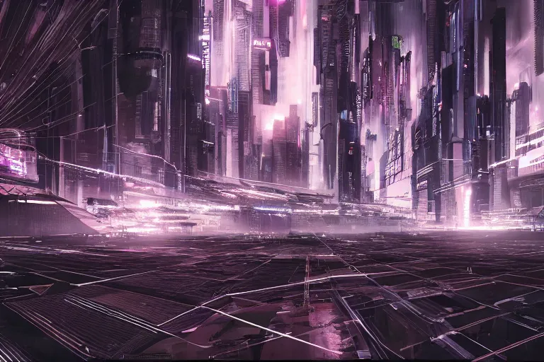 Prompt: abstract depiction of a complex city where the connections are seen as streaks of intense light, cyberpunk style