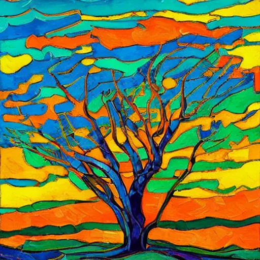 Image similar to a painting of a tree in the sunset, a gouache by Erin Hanson, deviantart, neo-fauvism, fauvism, impressionism, vivid colors