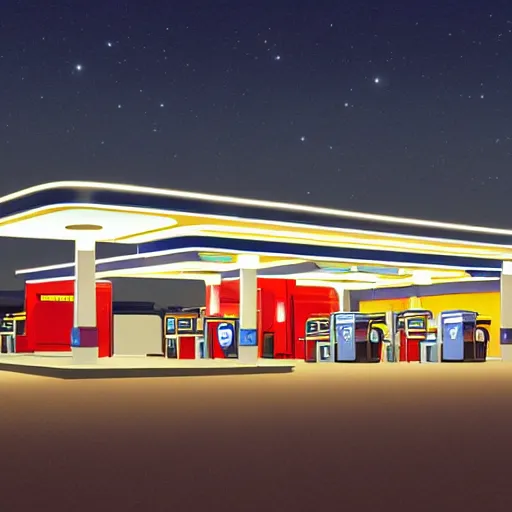 Image similar to a gas station at night by emiliano ponzi, george ault, featured on polycount, bauhaus, concept art, matte drawing, reimagined by industrial light and magic