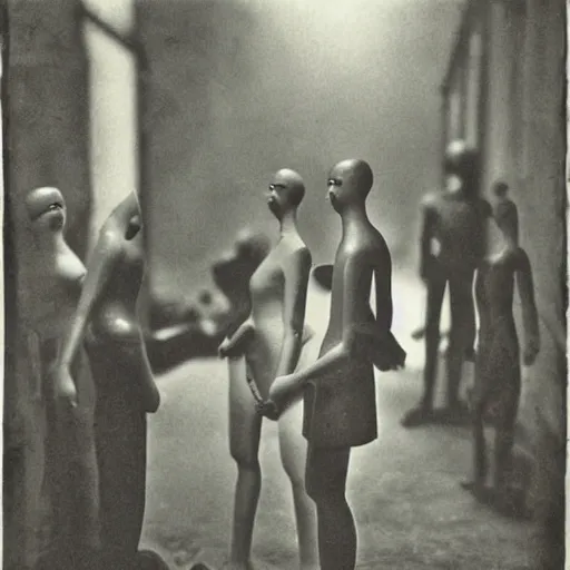 Image similar to a manikin party, photograph, style of atget, nightmare, concept art, creepy