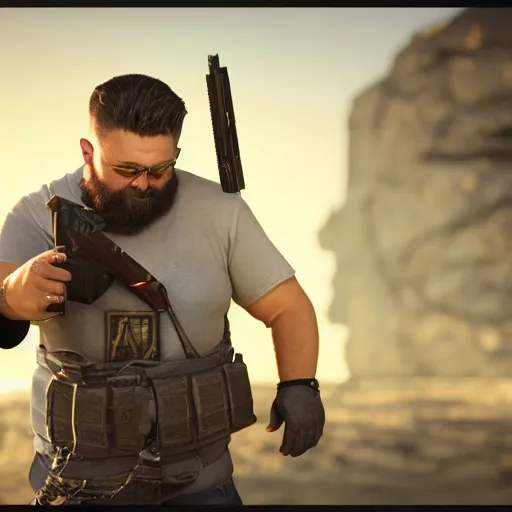 Prompt: Daniel Vavra holding a gun highly detailed, concept art, game art, octane render, 8k, unreal engine