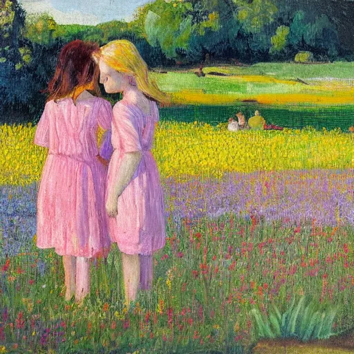 Prompt: Two girls in field of flowers by duck pond in the style of oil on canvas.