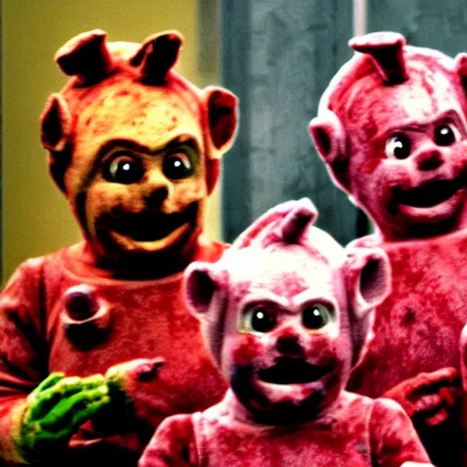 Prompt: zombie teletubbies in dawn of the dead, movie still, horror, ultra violent