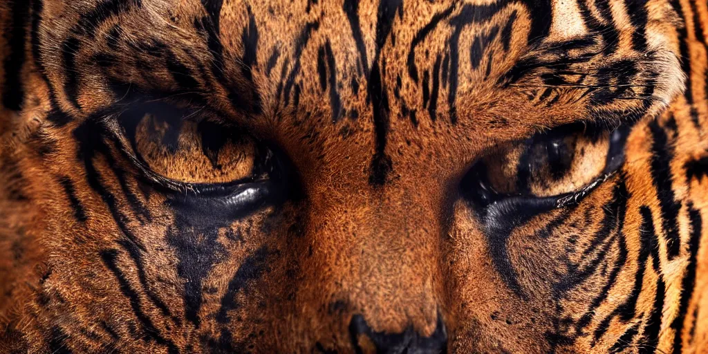 Image similar to vast desert, fierce looking dark - skinned tribal warrior with tiger eyes, close up