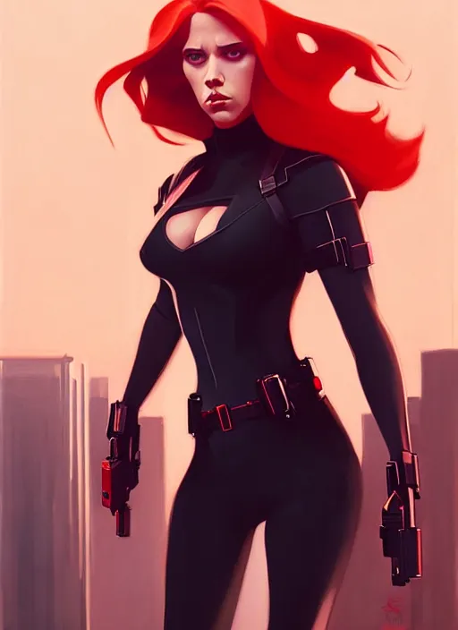 Image similar to peter mohrbacher, phil noto, pretty scarlett johansson black widow, symmetrical eyes, long red hair, full body, city rooftop