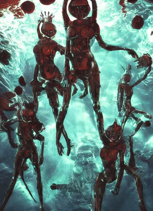 Image similar to astronauts girls in dark void underwater - complex and hyperdetailed technical suit design. reflection and dispersion materials. rays and dispersion of light. volumetric light. f / 3 2. noise film photo. flash photography. ultra realistic, wide angle. poster by wayne barlowe, hajime sorayama aaron horkey, craig mullins