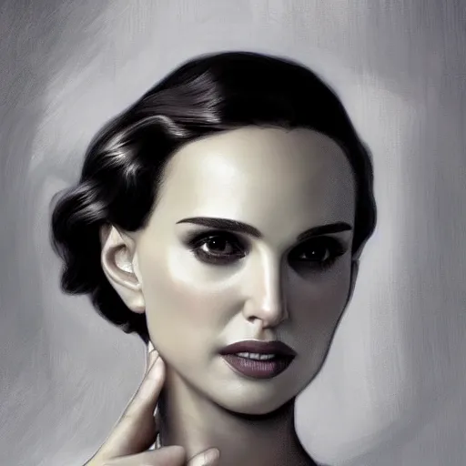 Prompt: a closeup portrait of a young natalie portman, 1 9 2 0 s, diva, femme fatale, detective thriller, gorgeous view, night, film noir, eerie, high detail, art by artgerm and greg rutkowski and alphonse mucha, digital art, trending on artstation