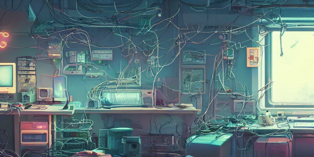 Image similar to cozy 9 0 s bedroom retrofuturism, cluttered, wires everywhere, computer, window, at night, lit only by the luminescent computer screen, cyberpunk city, dramatic lighting, alien technology, detailed by simon stalenhag