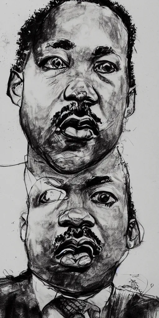 Image similar to a loose wild messy ink sketch portrait of Martin Luther king in the style of ralph steadman, caricature, dramatic