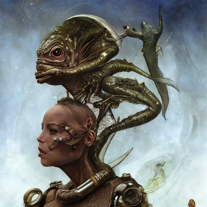 Prompt: a portrait photograph of a amphibian female alien with dolphin skin. she wearing a tactical suit and has many body modifications. by tom bagshaw, donato giancola, hans holbein, walton ford, gaston bussiere, brian froud, peter mohrbacher and magali villeneuve. 8 k, fashion editorial, cgsociety