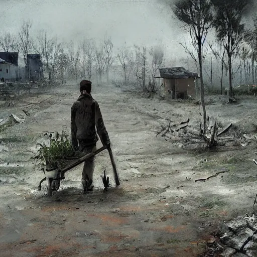 Image similar to painting by jakub rozalski of a person walking with a wheelbarrow in an abandoned post soviet town infested with root monsters