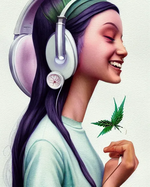 Image similar to faerie with headphones and a spliff. smug smile and closed eyes. noble bearing. award winning ornate symmetry matte portrait, artgerm, rhads watercolor, determination