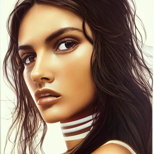 Prompt: Portrait photo of a Brazilian Supermodel, long dark hair, olive skin, she has beautiful bone structure, posed in profile, studio lighting, highly detailed, art by artgerm, 80s nike ad