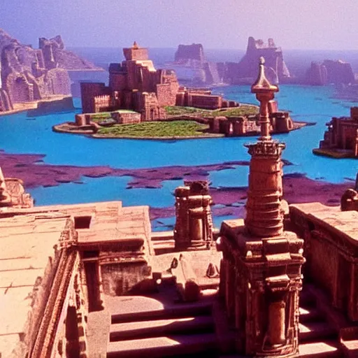 Image similar to a beautiful view from the film indiana jones and the fate of atlantis, of the city of atlantis, dslr hyper focused, intricate detail, stunning