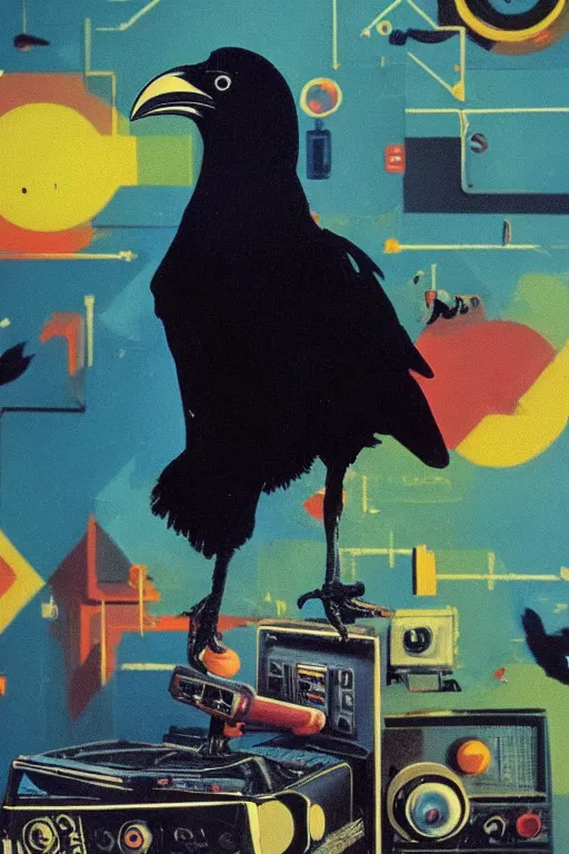 Image similar to a raven standing amongst 8 0 s era technology, vintage shapes, retro technology, dreamy color, wayne barlow, oil on canvas, deep depth of field, masterpiece, cinematic composition, hyperdetailed