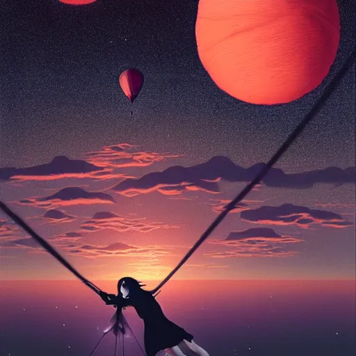 Prompt: a huge hyperrealistic detailed, cinematic, glowing 3 d scene of a realistic moon, hot air balloon tied to a woman. the woman is in a mid shot, in a detailed night sky by kuvshinov and bilibin, karol back, barclay shaw