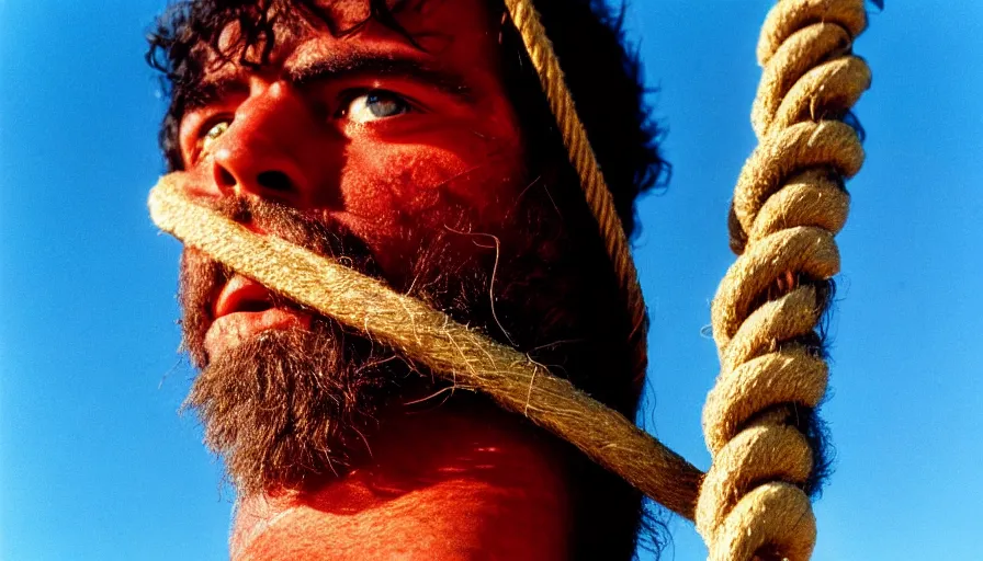 Image similar to 1 9 7 0 s movie still close - up of marcus atilius regulus tied with ropes at a pole with his wide open bleeding eyes looking at the burning sun, cinestill 8 0 0 t 3 5 mm eastmancolor, high quality, heavy grain, high detail, texture, dramatic light, anamorphic, hyperrealistic, detailed hair