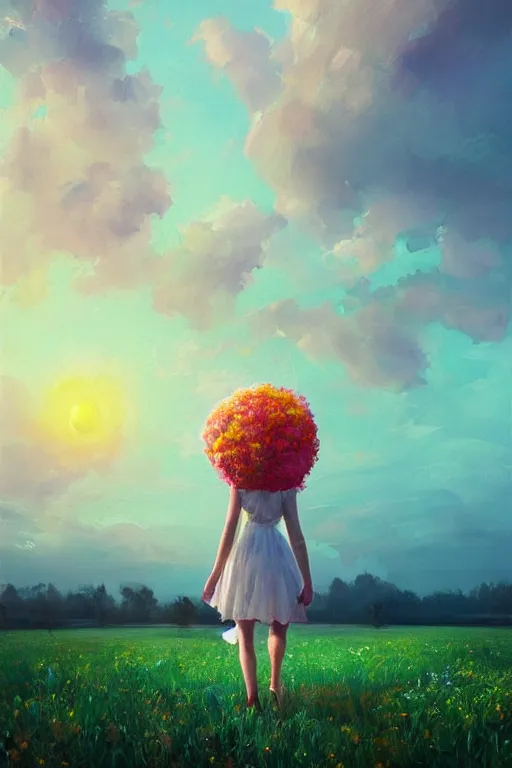 Image similar to giant white flower head, girl walking in a flower field, surreal photography, sunrise, dramatic light, impressionist painting, colorful clouds, digital painting, artstation, simon stalenhag