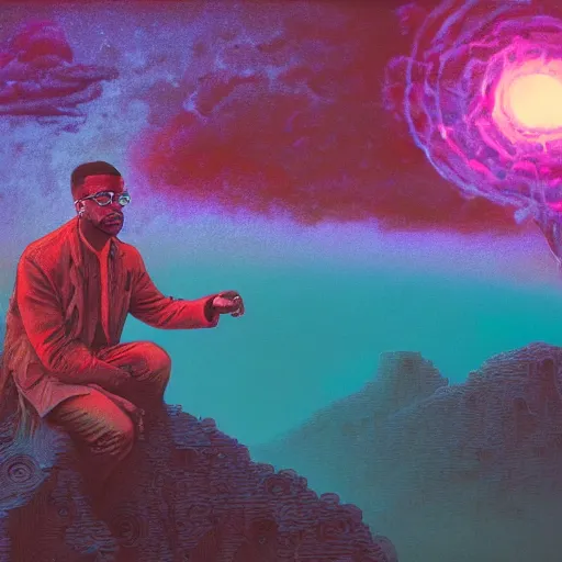 Image similar to figurative Malcom X portrait inspired in beksinski and dan mumford work, remixed with Simon Stalenhag work, sitting on the cosmic cloudscape, epic color palette, blue neon rain, cinematic shoot