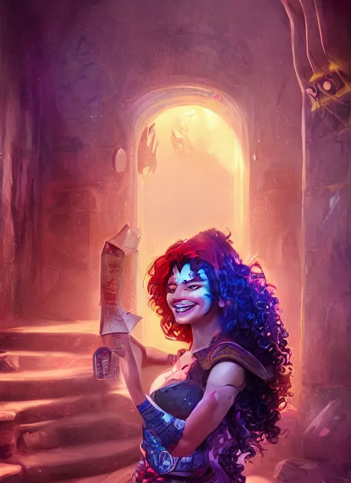 Prompt: an epic fantasy comic book style portrait painting of a girl wearing colorful makeup with a mischievous smile and curly brown hair stepping out of a doorway with light shining behind her, unreal 5, daz, hyperrealistic, octane render, cosplay, rpg portrait, dynamic lighting