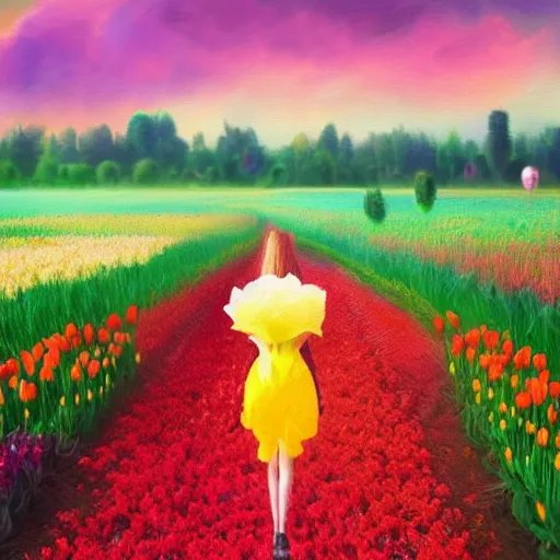 Image similar to large tulip as a face, girl walking in a flower field, surreal photography, sunrise dramatic light, impressionist painting, colorful clouds, digital painting, artstation, simon stalenhag, flower face